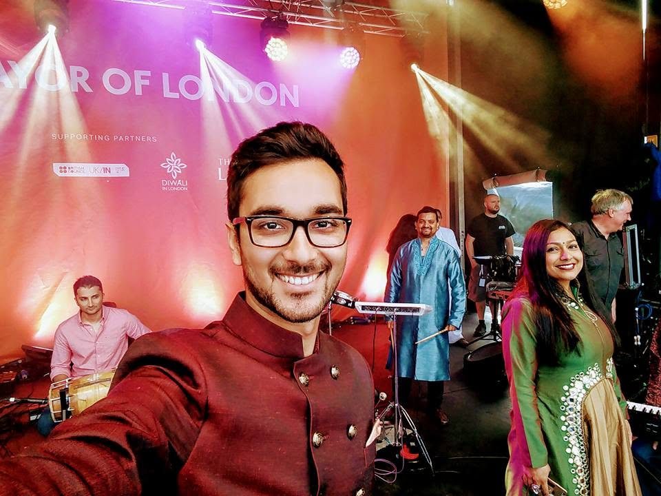 Priyesh Shah on stage with his band at the Mayor of London's Diwali celebration in Trafalgar Square